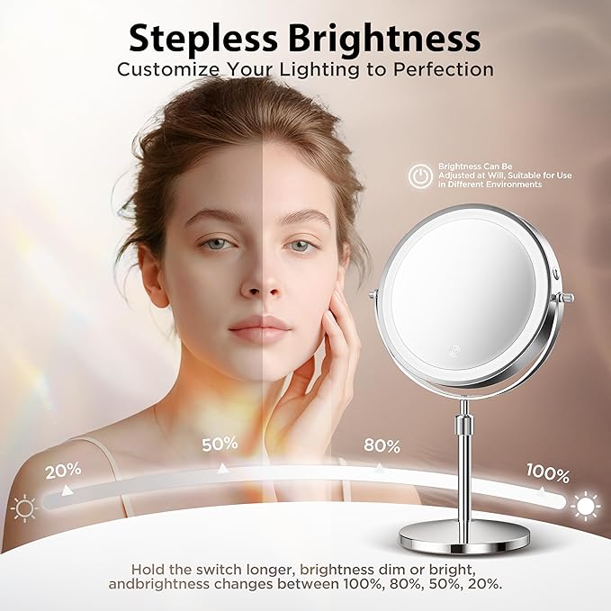Makeup Mirror, 1X/30X Double Sided Magnifying Mirror/Switch with 3 Colors, 3200 mAh Rechargeable Vanity Mirror with 360° Rotation, Brightness Adjustable Magnification, Women Gift