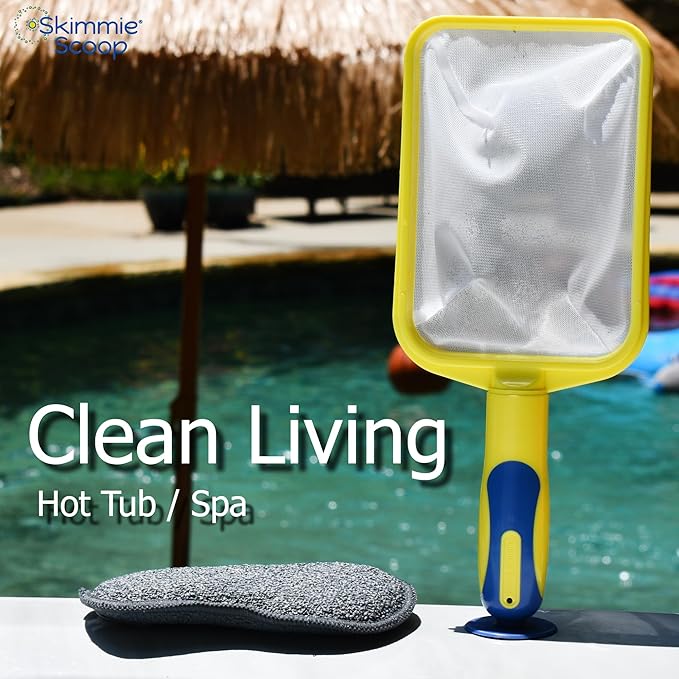 The Skimmie Scoop - Patented Handheld Skimmer with Fine Mesh Net for Spa, Hot Tub, Cold Plunge and Small Pool Cleaning - Lightweight and Durable with Powerful Suction Cup - Clean Out Filter (Yellow)