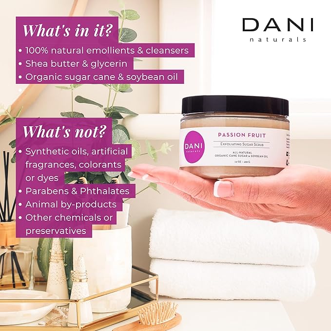 DANI Naturals Sugar Scrub – Pure & Gentle Exfoliation with Juicy Passion Fruit Scent. Organic sugar, shea butter, and nourishing oils for smooth, soft skin – 14 oz