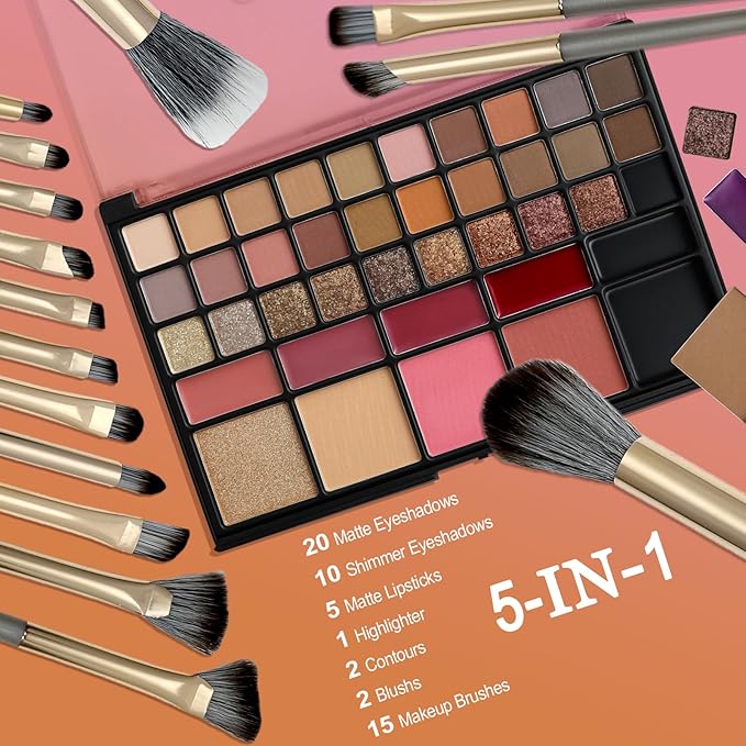 O'CHAIN 40 Colors Makeup Palette Set, with 30 Eye Shadows, 5 Lipsticks, 5 Face and 15 Professional Makeup Brushes, Vegan & Cruelty-Free, for All Skin Tones Beauty Kit