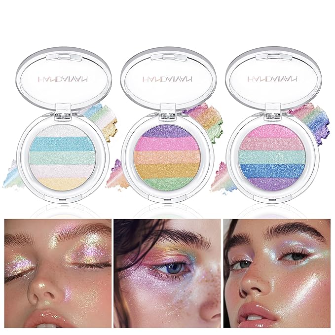 Multi-Use Chameleon Eyeshadow & Highlighter Palette – Iridescent Multichrome Shimmer with Color-Shifting Glow, Long-Lasting Waterproof Glitter Makeup for Eyes, Face & Festival (Rainbow Aurora)