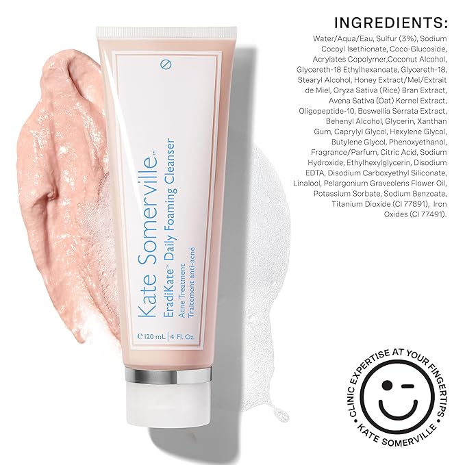 Kate Somerville EradiKate 3% Sulfur Daily Foaming Cleanser Acne Treatment – Clinically Formulated Medicated Face Wash Balances Skin and Cleans Pores, 2-Pack of 4 Fl Oz Each