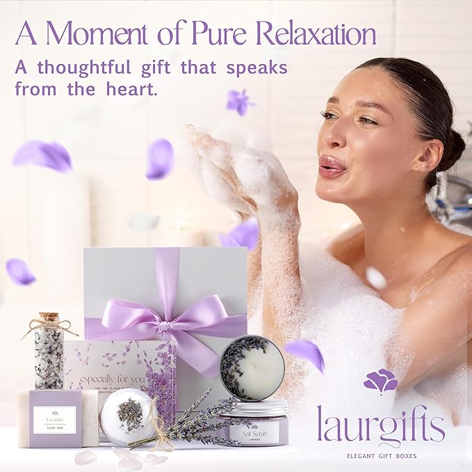 Lavender Spa Gift Set & Basket for Women – Relaxing Self Care Package with Candle, Bath Bomb, Soap & Scrub – Birthday, Thank You, Christmas, Housewarming, Bridal Shower, Get Well Soon Gifts