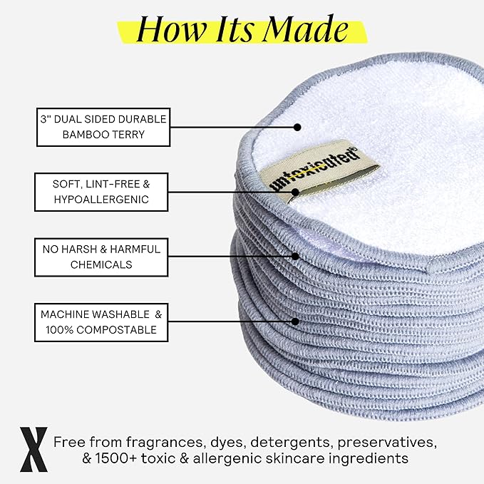 Ultra Soft Cleansing Pads - Double-Layered Reusable Bamboo Terry Rounds - Makeup Removal & Skincare for Sensitive Skin - Soft & Durable - Includes Washable Storage Bag - 10CT