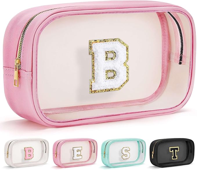 YOOLIFE Birthday Gifts | Initial Travel Makeup Bag Pouch, Clear Toiletry Bag for Women Travel Accessories Cosmetic Bag Skin Care for Teen Make Up Bags Birthday Gifts for Teacher Mom Pink B