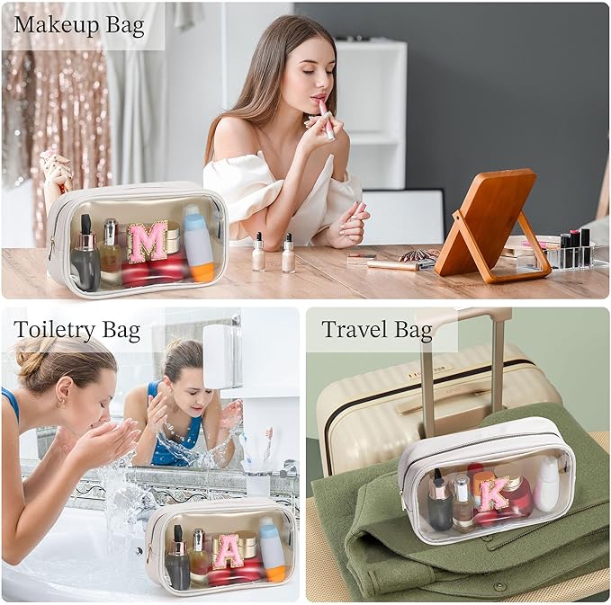 YOOLIFE Initial Make Up Bag Travel Toiletry Bag, Clear Makeup Bag Preppy Cosmetic Bag Clear Makeup Bags With Zipper Girlfriend Teacher 6 Year Old Girl Gifts Daughter Gifts Swim Gifts For Girls White N