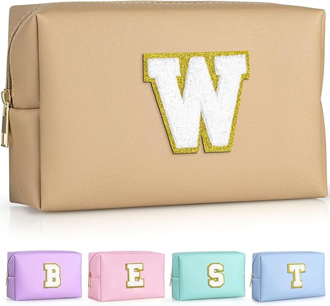 TOPEAST Initial Makeup Bags for Women, Cute Makeup Pouch, Waterproof Travel Toiletry Bag, Personalized Gifts for Girlfriend Wife on Valentine's Day Anniversary, Preppy Stuff Gift for Girl (Khaki W)