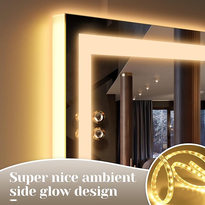 FENNIO Large Vanity Mirror with Lights，42" x 32"Makeup Mirror with Lights，Hollywood Mirror with 3 Color Modes & Adjustable Brightness，Vanity Mirror Square White