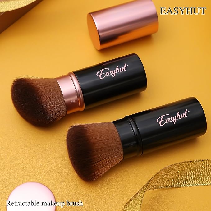 Retractable Kabuki Makeup Brushes 2 Pcs Blush Brushes Set Portable Powder Brushes with Flat and Angled Top for Liquid Cream Cosmetics Travel. (rose gold)