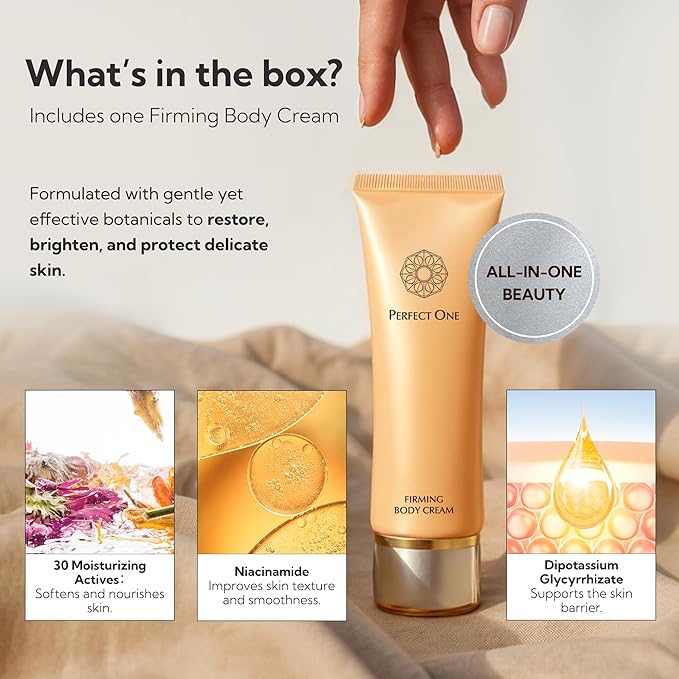 PERFECT ONE Firming Body Cream: Premium Japanese body cream for your hands, arms, neck, and decolletage, enriched with Niacinamide and Dipotassium Glycyrrhizate 1.76 oz. (50 g)