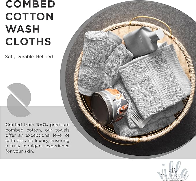 100% Cotton Wash Cloth for face & Body Set of 6, (12 x 12 inches) Sustainable, Soft, Highly Absorbent, Combed Cotton Wash Cloths Pack of 6 for Hotels, Spa, Bathroom, Dorm, Silver