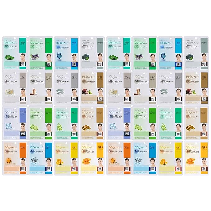 DERMAL Korean Collagen Face Mask – Hydrating & Soothing Sheet Mask with Panthenol – Hypoallergenic Calming Moisture Care for All Skin Types – 32 Combo Pack