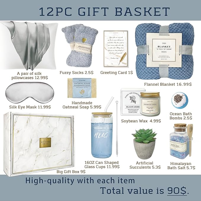 Get Well Soon Gift Baskets For Women,12PC Get Well Gifts for Women After Surgery,Birthday Gifts,Care Package,Grief,Sympathy,Condolences Gift Basket for Friend (navy blue)