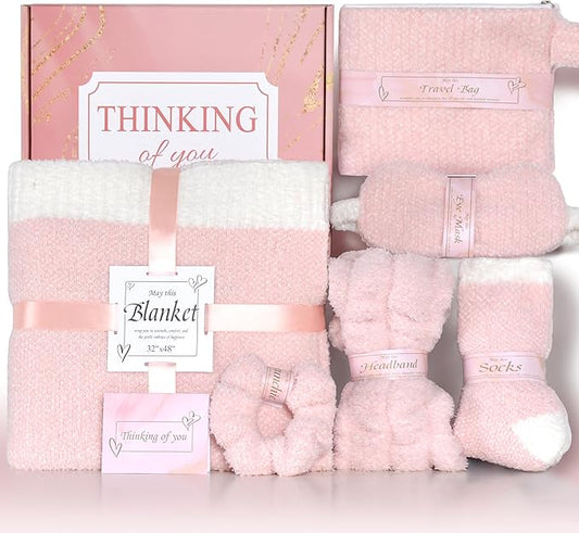 JOOJA Birthday Cozy Thinking of You Get Well Soon Gift Basket Care Package with Blanket, Fuzzy Socks, Eye Mask, Headband Cozy Essentials - Pink