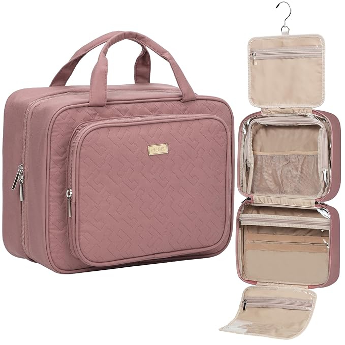 NISHEL Travel Toiletry Bag for Women Large Capacity, Makeup Essentials Organizer, Hanging Case for Accessories, Cosmetics, Rosewood-Pink