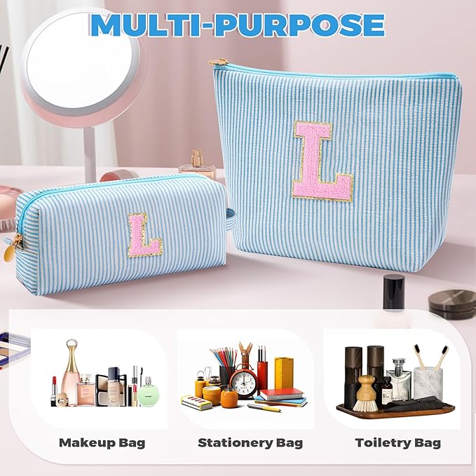 Monogrammed Gifts for Women - Cosmetic Bag for Teen,Initial Cute Makeup Bag Set for Women,Trendy Pouch for Niece Sister Friend Female Her,Birthday Gifts for Daughter - Blue,L