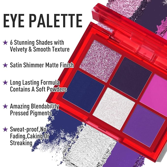 BOBISUKA Eyeshadow Makeup Palette + Matte Lipstick Kit, 6 Colors Purple Blue Pink Shimmer Matte Eye Shadow Pallet with Purple Liquid Lipgloss Set for Halloween, Costume, Cosplay, Witch, Ursula Makeup