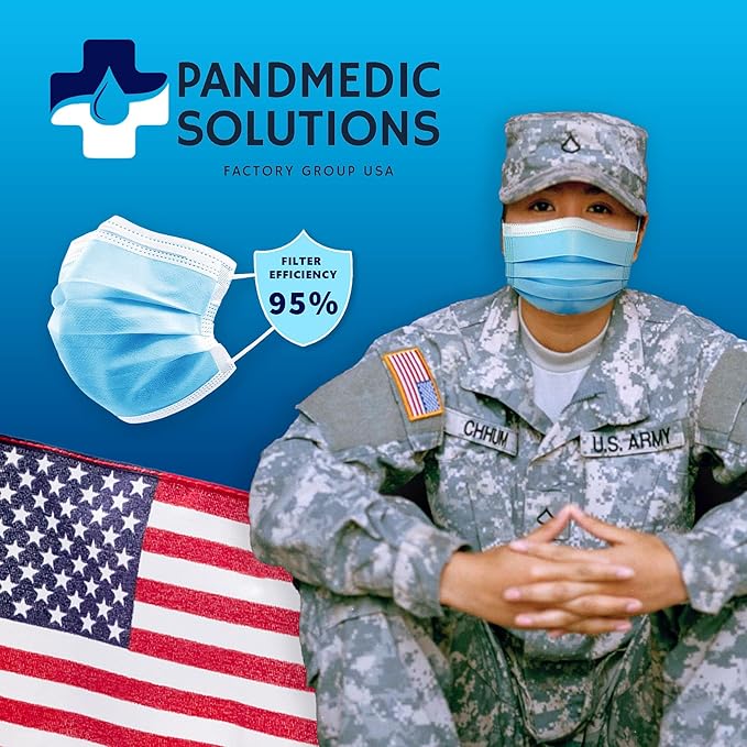 PandMedic Disposable Face Mask Made in USA | Premium Medical American 3 Ply Safety Face Masks Breathable with Elastic Ear Loops - 50ct Box