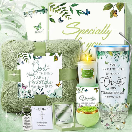 Fortuning's JDS 13PCS Christian Gifts for Women Faith- Inspirational Religious Catholic Gifts Basket, Green Self Care Package Get Well Soon Gifts,Birthday Gifts, for Mom Her Wife Girlfriend Friend