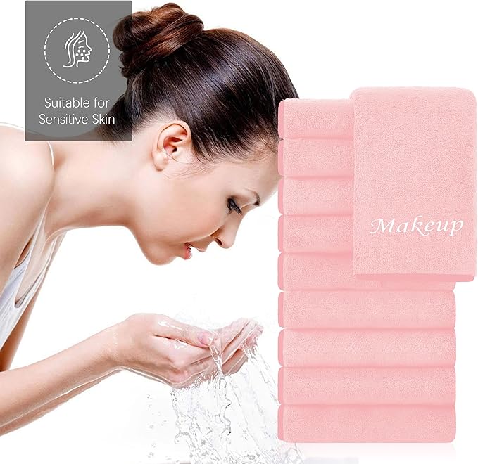 Cosy Family 10 Pack Makeup Remover Wash Cloths - Soft Microfiber Fingertip Facial Cleansing Cloths for Hand and Make Up, 12 x 12 in, Pink