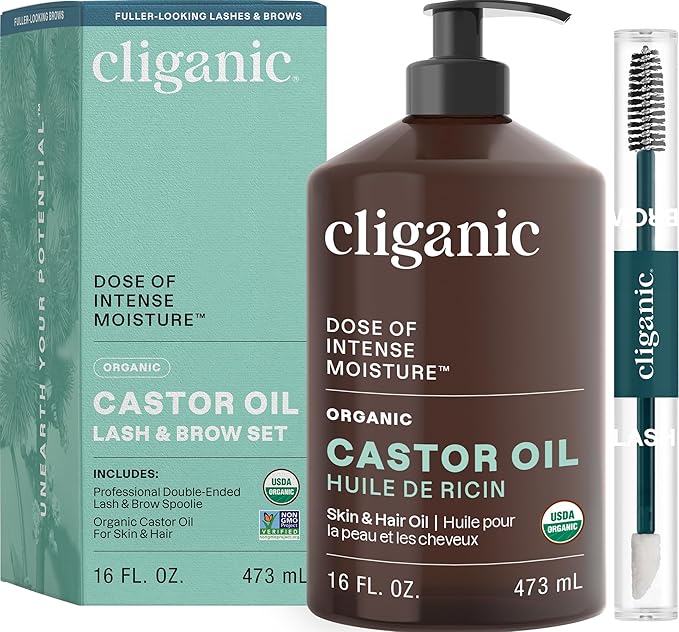 Cliganic Organic Castor Oil, 100% Pure (16oz with Eyelash Kit) - For Eyelashes, Eyebrows, Hair & Skin | Bulk, Natural Cold Pressed Unrefined Hexane-Free | DIY Carrier Oil