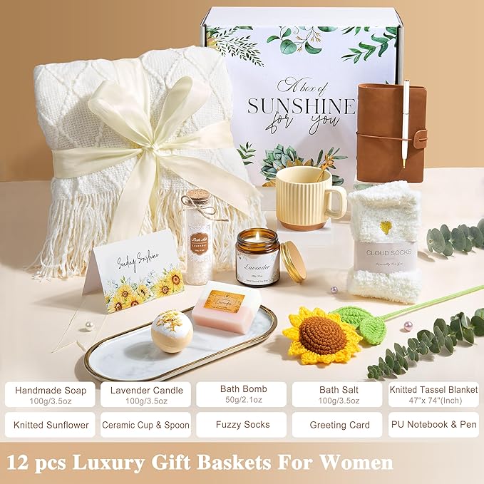 Gifts for Women, Best Friend Birthday Gifts, Get Well Soon Self Care Package Box, Sending Sunshine Sunflower Basket, Thinking of You Inspirational Gifts for Mom Her Sister Wife