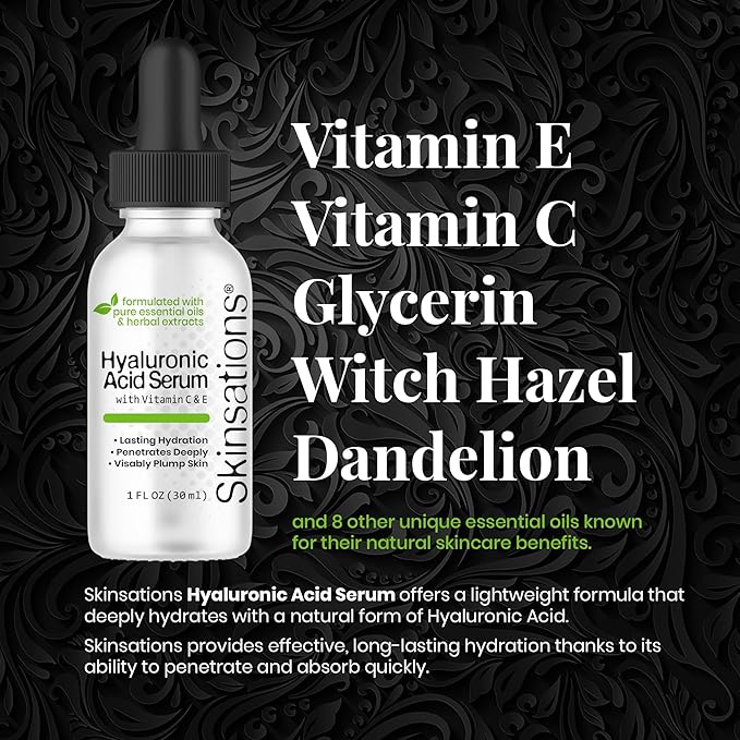 Skinsations - Hyaluronic Acid Serum for Face | Daily Moisturizer with Organic Botanical Extracts | Vitamin C, Vitamin E, Jojoba Oil, Witch Hazel, Green Tea Extract