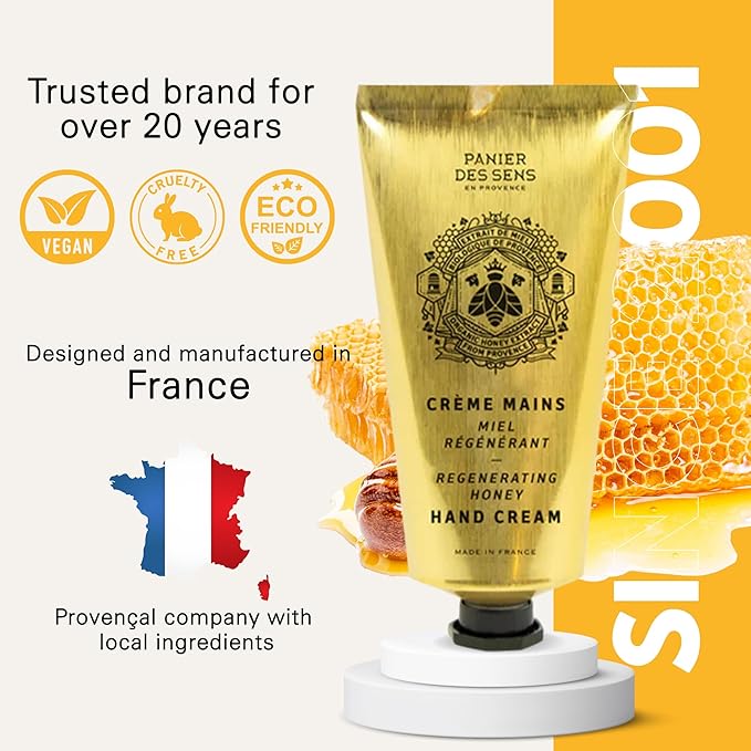 Panier des Sens - Hand Cream for Dry Cracked Hands - Hand Lotion with Honey & Shea Butter - Vitamin E Skin Moisturizer with 97% Natural Ingredients - Made in France, 2.5 fl oz