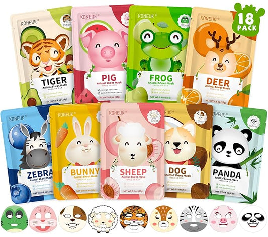 18 Pack Animal Face Mask for Kids, Bulk Sheet Face Masks Skincare for Girls, Collagen Hydrating Face Mask Spa Party Gifts for Teens, Christmas Gifts, Stocking Stuffers for Women