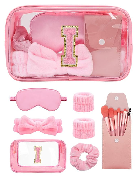 Gift Sets for Women, Initial Makeup Bag with Makeup Brush Set Bachelorette Party Favors, Pink Spa Kit with Skincare Headbands Wrist Bands Sleepover Party Supplies Gifts for Teen Girls Bridesmaid I