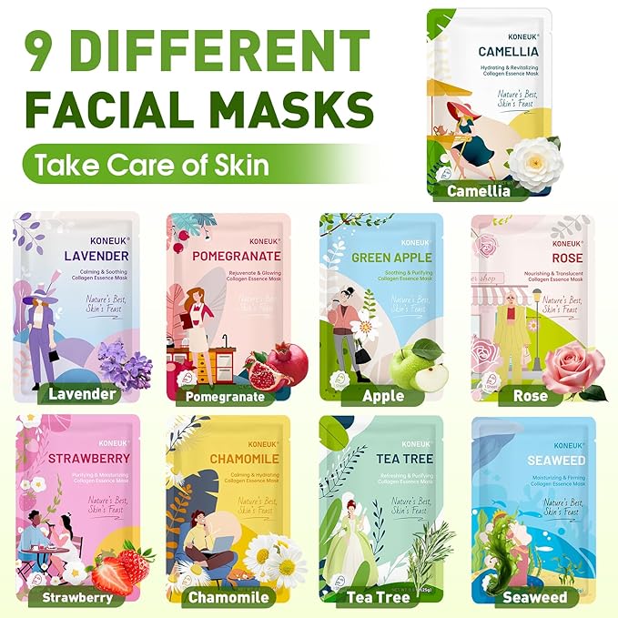 72 Pack Bulk Hydrating Face Masks Skincare, Collagen Sheet Face Mask for Dry, Oily Skin, Spa Gifts for Women Skin Care, Christmas Gifts and Stocking Stuffers for Women (9 Types x 8 Pcs)