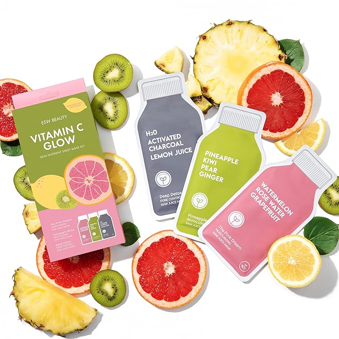 ESW Beauty Vitamin C Glow Set – Antioxidant-Rich Face Masks with Kiwi, Grapefruit & Lemon – Includes Pink Dream, Pineapple Bliss & Deep Detox – Vegan, Clean Beauty for Radiant Skin