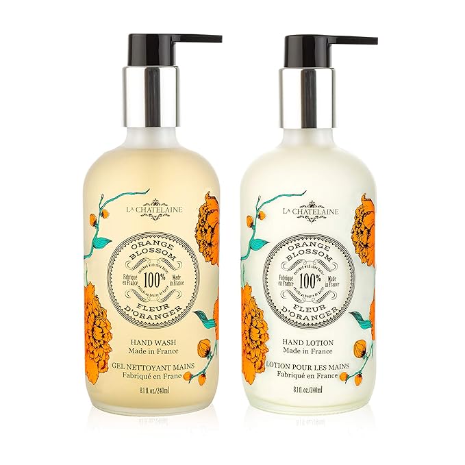 La Chatelaine Hand Wash & Lotion Set | Sulfate Free | Frosted Glass Bottles | Nourishing Shea Butter Formula | Natural and Organic | Made in France | 2 x 8.1 oz. (Orange Blossom)