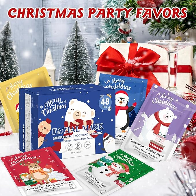 48 Pack Christmas Facial Masks for Stocking Stuffers, Bulk Moisturizing Facial Masks Set for Women Skin Care, Sheet Face Masks Skincare, Cute Christmas Gifts for Women