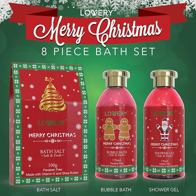 Bath and Body Christmas Gift Basket ForWomen–Strawberry & Sandalwood Fragrance-Holiday Home SpaSet, Includes Merry Christmas Body Lotion, 2 OversizedBath Bombs, Bath Salt, Weaved Basket & More