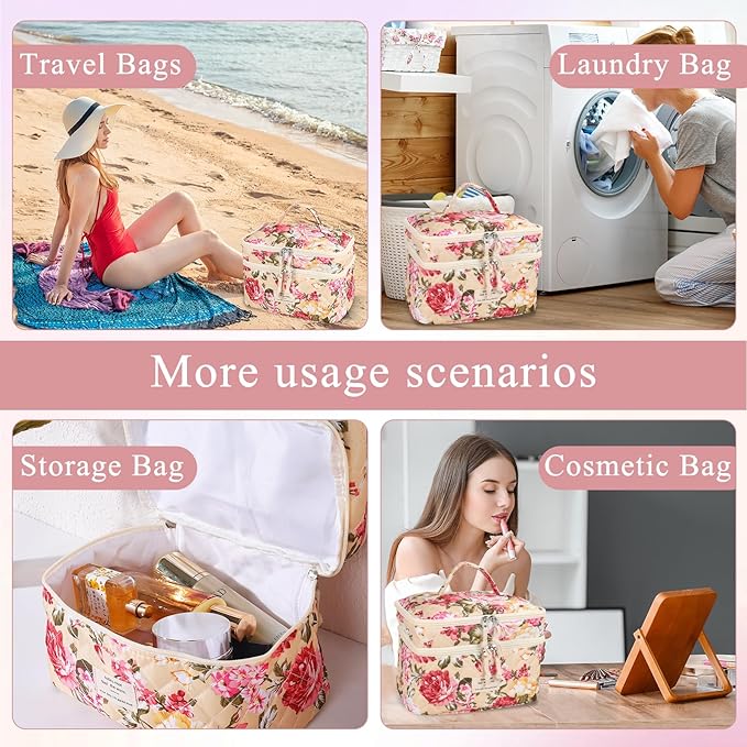 Anfly Makeup Bag, Quilted Cosmetic Bags, Large Floral Make Up Bag, Cute Makeup Bag 3PC Set for Women Girls (Large Flowers)