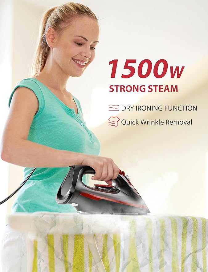 Steam Iron for Clothes, Automatic Shutoff, Light Weight, 1500W Iron with Non-Stick Ceramic Soleplate, 3-Way Auto-Off, Rapid Heating, Self-Cleaning, 15.21oz Water Tank Ironing Clothes for Home