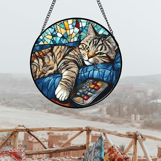 Stained Glass Window Hanging Gray Cat and Remote Control 7.8" - Suncatcher Door Garden Kitchen Sun Catcher Home Decor Birthday for Lost Pets Mom Men Woman Friend Grandma