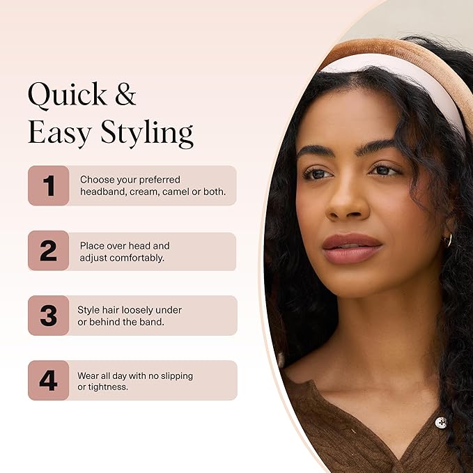 Kitsch Velvet & Satin Headbands for Women - Non Slip, Soft and Lightweight - Stylish Headbands for Girls with Chic Neutral Shades | Ideal Gifts for Women - Cream & Camel, 2pc Set