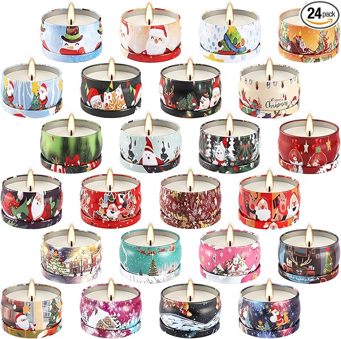 24Pack Christmas Scented Candle Tins Gift Set - Soy Wax Festive Aromatherapy Candles 2.5oz- Smokeless Long Lasting Burn time for Advent & Christmas Gifts Holiday Decor & Gifting.