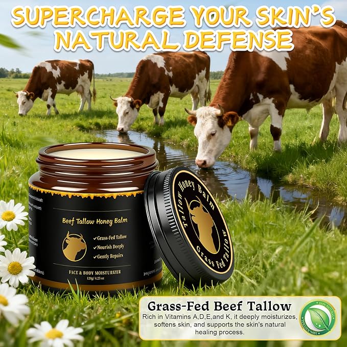 Beef Tallow for Skin, Tallow and Honey Balm for Face, Skin Care Cream Body Butter, Natural Formula, Nourish and Soothe Dry Skin, 120g/4.2oz