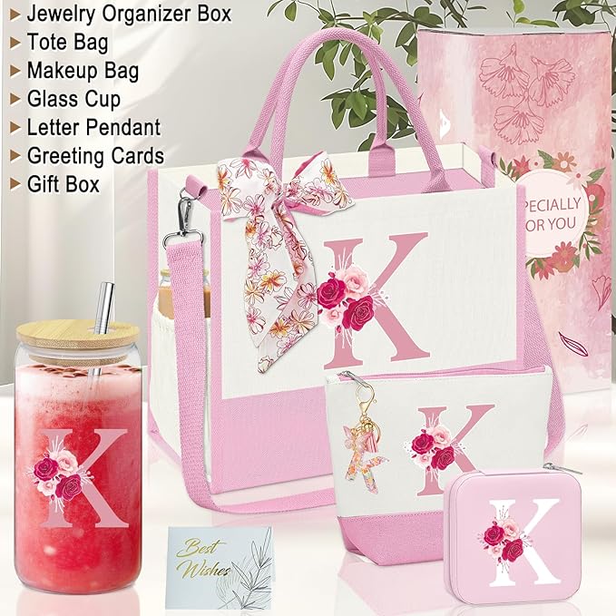 Gifts for Mom,Birthday Gift for Women,Initial Canvas Tote Bag,Thank You Gifts for Women,Monogrammed Gift for Mom,Tote Bag for Teacher,Colleague Woman-K