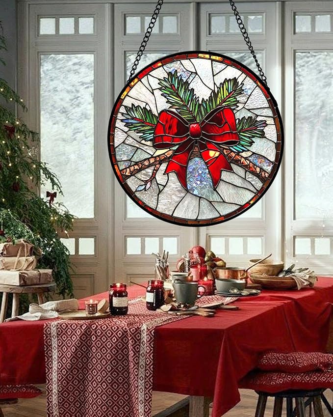 Stained Glass Window Hanging - Pine Branches Red Bow Suncatcher for Doors Home Christmas Decoration Silver Sun Catcher Thanksgiving New Year Birthday Gifts for Women Men Mom Nana 6.3 in