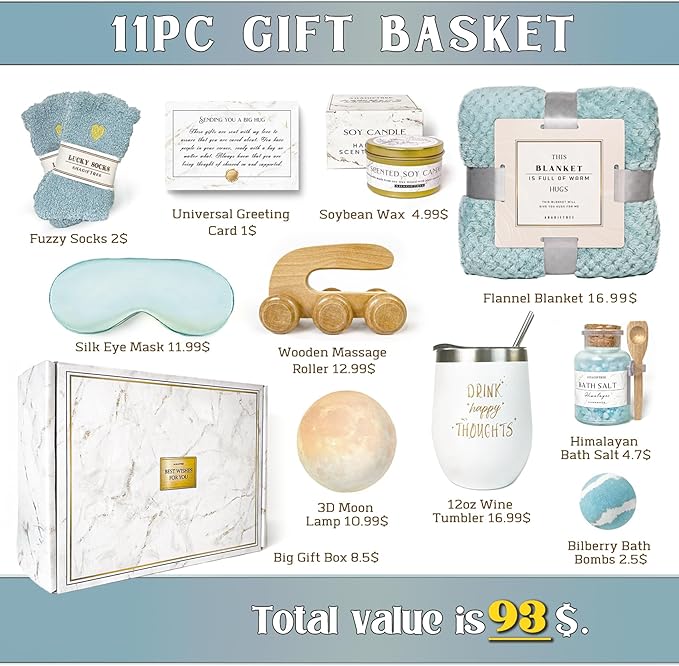 Birthday Gifts for Women Self Care Gifts Get Well Soon Gifts Baskets for Women After Surgery with moon lamp, 11PC Spa,Thinking of You Gift, Care Package for Mom Friend (turquoise)