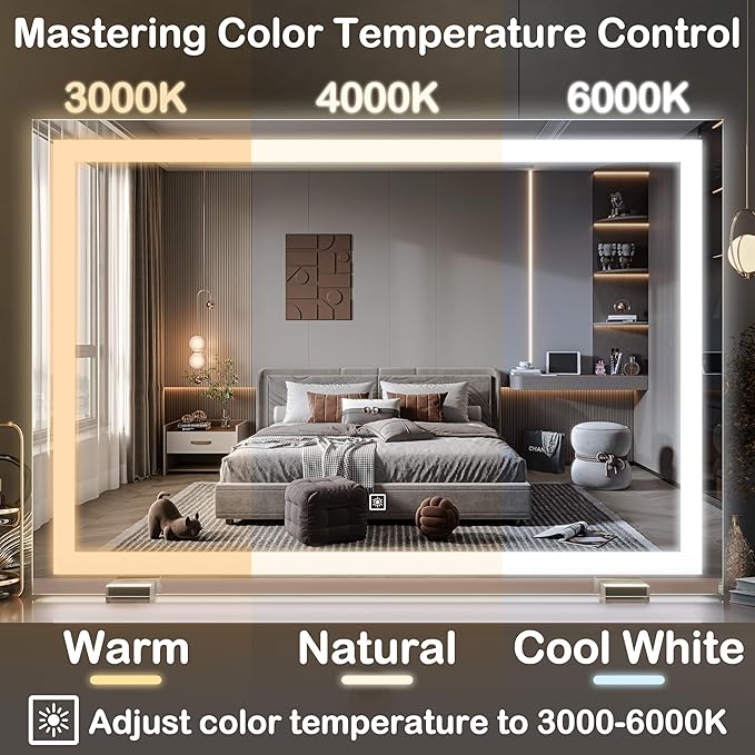 FENNIO Makeup Mirror with Lights 23"x32" ，LED Makeup Mirror ，Large Vanity Mirror with Lights，Touch Sensor with Dimmable 3 Modes, Square White