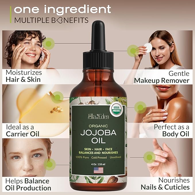 Ella & Eden Organic Jojoba Oil – USDA Certified, Cold-Pressed, 100% Pure & Unrefined, Hexane-Free Oil for Skin, Face, Hair & Nails – 4 Oz Glass Bottle