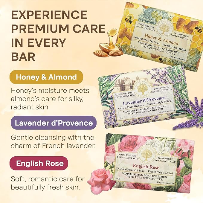 Wavertree & London Natural Soap Bars Gift Set (Set of 6), 7 Oz Assorted Scented Bar Soap Gift Box for Women & Men, Moisturizing & Pure Triple Milled Luxury Bath Soap Bars enriched with Shea Butter