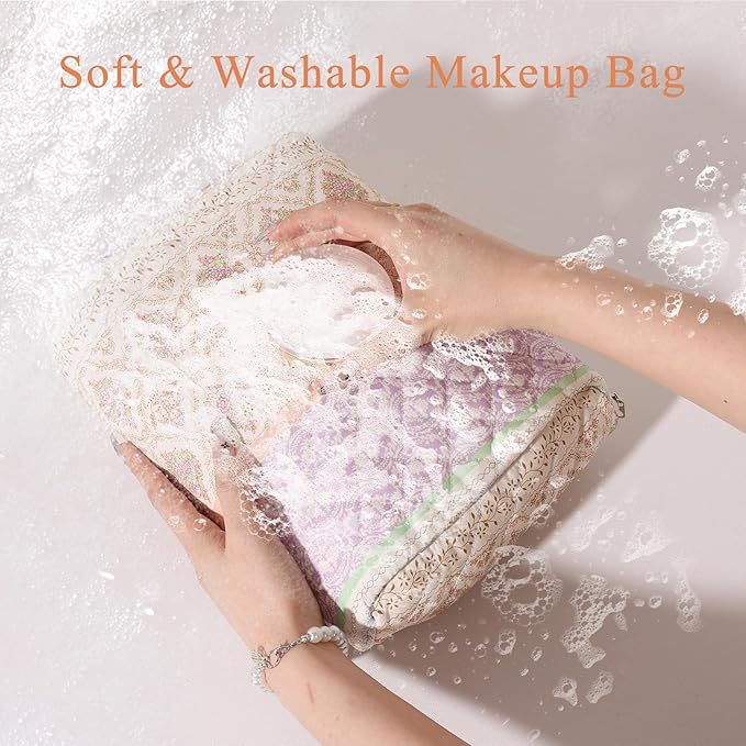 Anfly Makeup Bag, Quilted Cosmetic Bags, Large Floral Make Up Bag, Cute Makeup Bag 3PC Set for Women Girls (Color Clash)