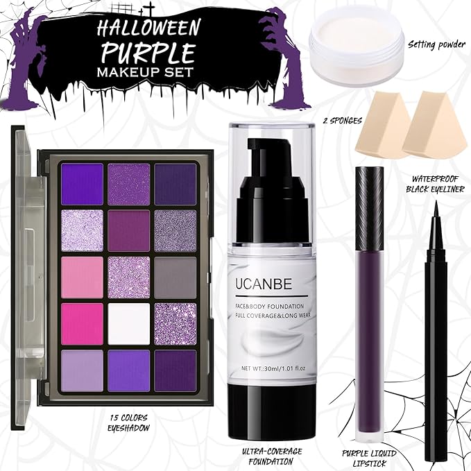 UCANBE Purple Halloween Makeup Kit – Witch Devil Sorceress Ursula Makeup Set for SFX Costume Cosplay - Eyeshadow Palette, White Foundation, Purple Lipstick, Black Eyeliner, Setting Powder & Sponges