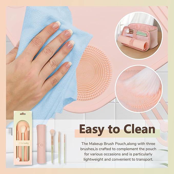 Travel Makeup Brush Set, Portable Makeup Kit with Pad Easy Clean Vegan Brush Set, ON THE GO Cosmetic Brushes Tools 4 Pcs for Women